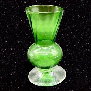 Art Glass Vase Green W Clear Bottom Hand Blown Fluted‎ Vase Miniature 4”T 2”W